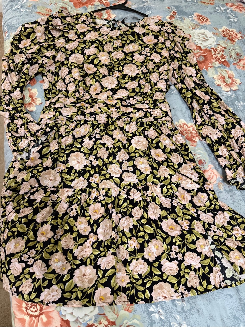 Zara Floral Long-Sleeve Ruffle Hem Dress - Black with Pink Roses